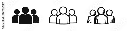Group of people icon set. Team users symbol. Community crowd vector illustration with solid, outline, and hand-drawn styles.