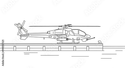 Helicopter blueprint sketch on a runway, military aircraft schematic, aviation concept