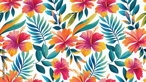 Tropical floral pattern with colorful flowers and leaves vector
