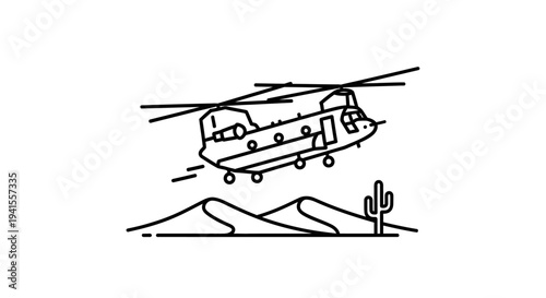 Helicopter Flying Over Desert Dunes and Cactus, Military Aircraft, Desert Landscape