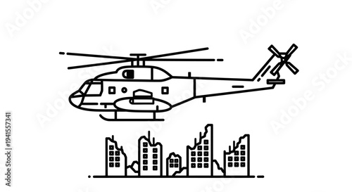 Helicopter flying over destroyed city buildings, war zone, disaster, aerial view