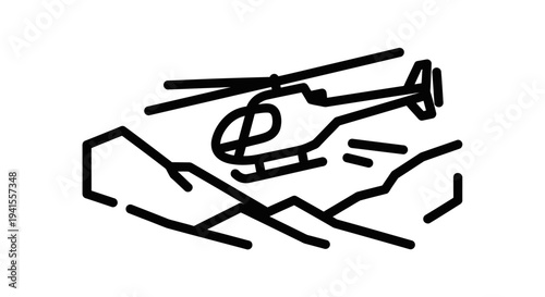 Helicopter flying over rugged mountain landscape, aerial view, travel and adventure concept