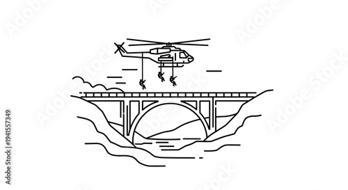 Helicopter Rescue Operation Over Bridge, Soldiers Rappelling Down