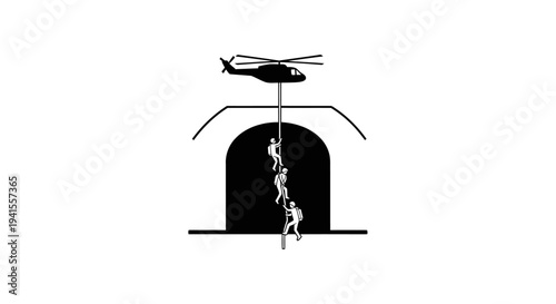 Helicopter rappelling special forces into tunnel, tactical operation, military rescue mission
