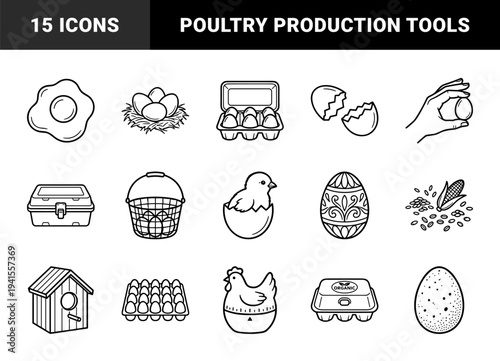Poultry farming and organic egg production elements. Clean monolinear pictograms featuring breakfast preparation, chicken coop, and hatchery supply.