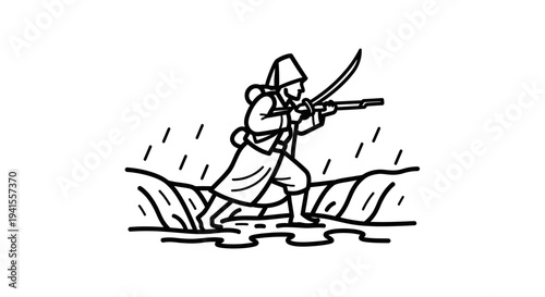 Historical Soldier with Sword and Rifle in Rain, Line Art Illustration