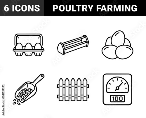 Poultry farming and livestock management equipment featuring eggs, feed troughs, and grain scoops. Technical monoline pictograms for agricultural supply and ranching infographics.