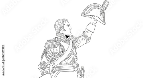 Historical Military Leader Saluting with Hat, Vintage Line Art