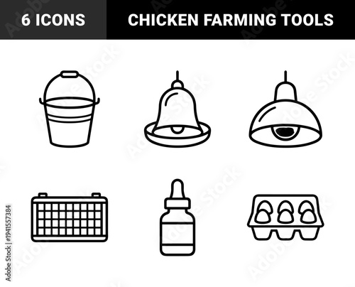 Poultry farming and chicken livestock management equipment. Monoline technical pictograms featuring feeder, heat lamp, water bucket, coop, medicine, and egg carton.