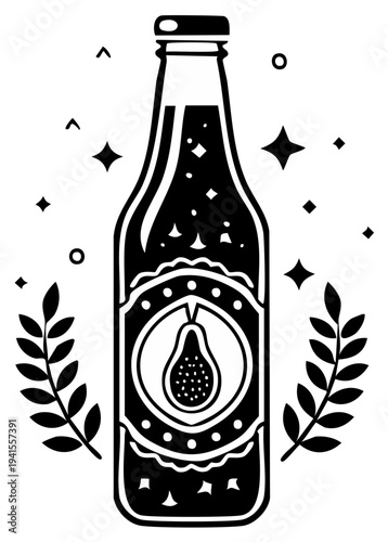 Craft Beverage Black and White Illustration: Bottle of Sparkling Fruit Juice with Pear Design, Decorative Leaves, and Star Accents