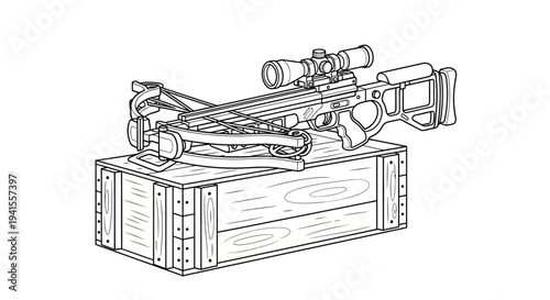 Hunting Crossbow with Scope on Wooden Crate, Outdoor Gear, Archery Equipment