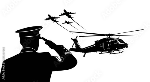 Military Officer Saluting Air Show with Helicopter and Jets Flying