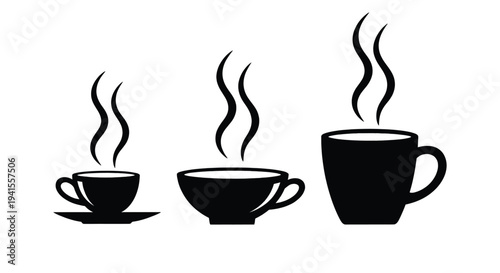 Coffee cups in various sizes with steam rising illustration design vector graphic