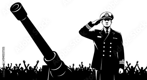 Military Officer Saluting Beside Cannon with Cheering Crowd