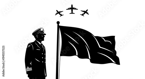 Military Officer Saluting Flag with Airplanes Flying Overhead