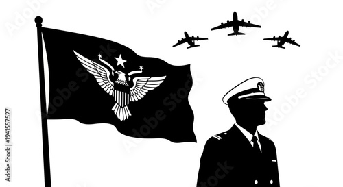 Military Officer, Flag, and Airplanes in Silhouette
