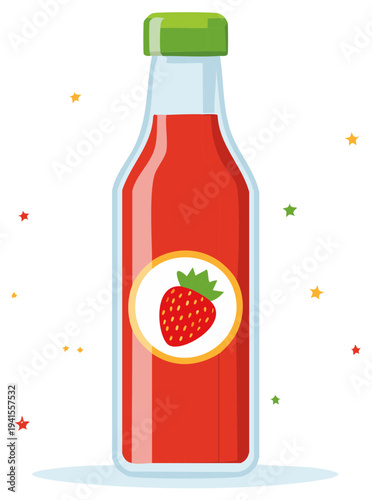 Refreshing strawberry juice or smoothie in a glass bottle with a green cap and fruit label flat design