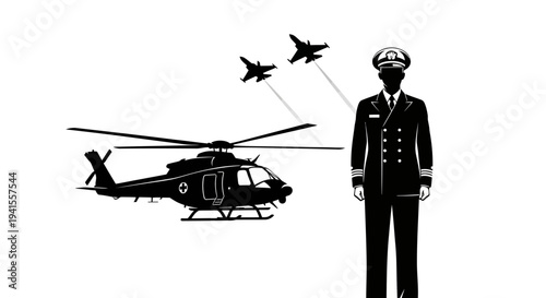 Military Officer, Helicopter, and Fighter Jets in Formation