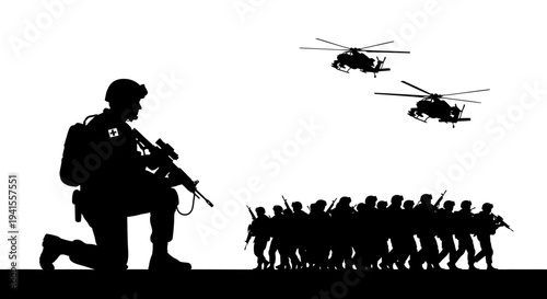 Military Operation Silhouette: Soldier Kneeling, Troops Marching, Helicopters Flying
