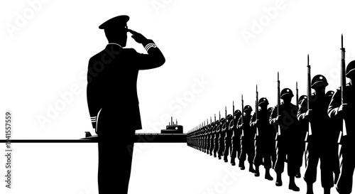 Military Parade: Officer Saluting Troops with Submarine in Background