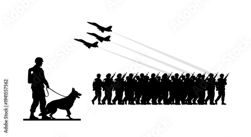 Military Parade: Soldier with Dog, Marching Troops, and Fighter Jets Flyover