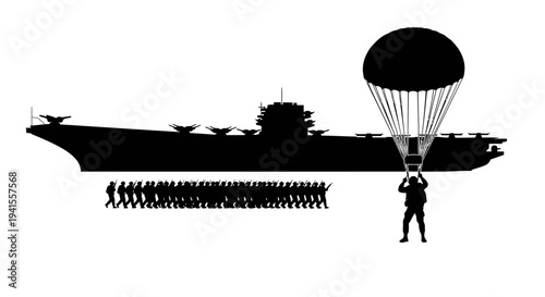 Military Parachutist Landing Near Aircraft Carrier and Soldiers Marching