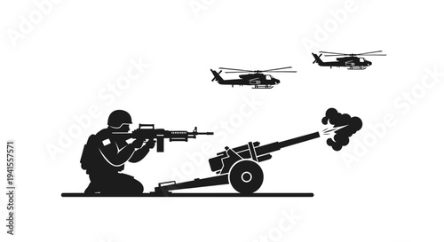 Military Operation: Soldier Fires Cannon, Helicopters Fly Overhead