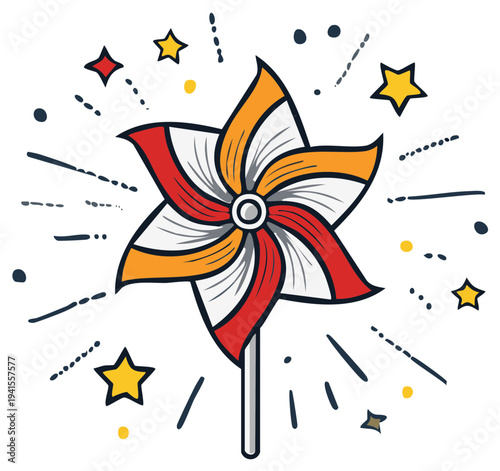 Colorful pinwheel spinning with radiating lines and stars, symbolizing celebration and joy.