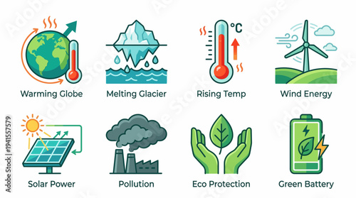 Environmental Energy Icons Vector Set – Warming Earth, Melting Glacier, Rising Temperature, Wind Turbine, Solar Panel, Pollution Cloud, Eco Leaf, Renewable Battery Vector