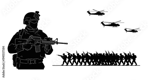 Military Parade: Soldier, Marching Troops, Helicopters, Silhouette, Power, Strength, Unity