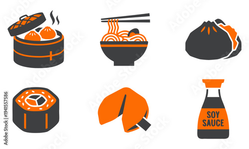 Asian street food icons featuring dim sum and ramen in a solid icon bundle