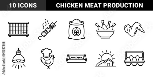 Poultry farming and chicken meat production line art icons. Technical monoline pictograms for livestock management, butchery, egg distribution, and culinary preparation.