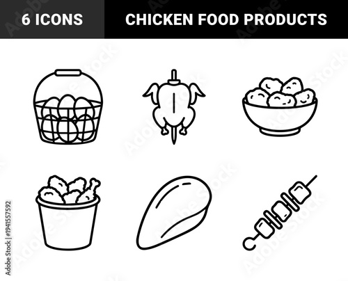 Poultry processing and chicken meat products for butcher shop branding. Monolinear black and white graphics featuring drumsticks, wings, rotisserie, and nuggets.