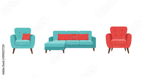 Modern Teal and Red Upholstered Living Room Furniture Set.