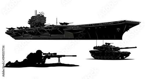 Military Power: Aircraft Carrier, Tank, and Sniper Silhouette