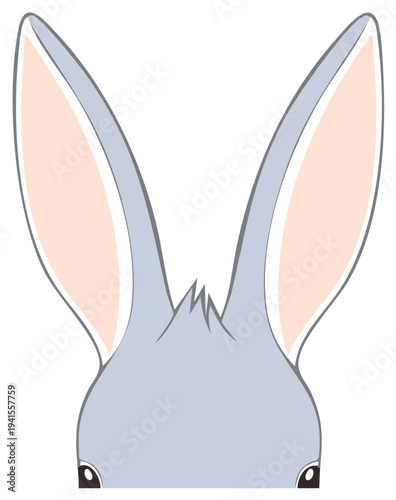 Cute grey cartoon rabbit with big ears peeking up from the bottom of the image