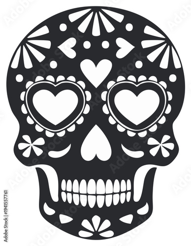 Decorative skull illustration with floral and heart eye design for Day of the Dead celebration.