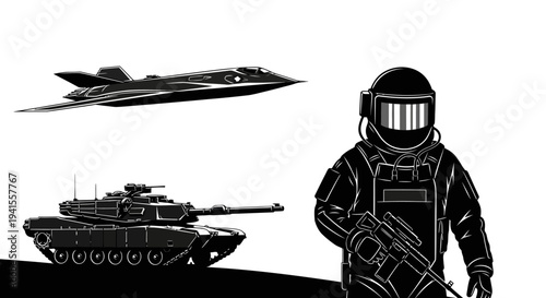 Military Power: Jet Fighter, Tank, and Soldier in Black and White