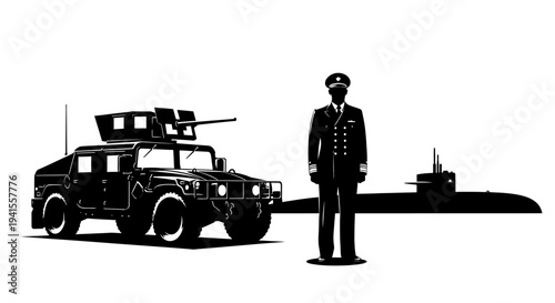 Military Power: Humvee, Submarine, and Naval Officer Silhouette