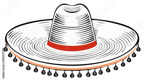 Traditional Mexican Sombrero Hat with Decorative Tassels and Red Band