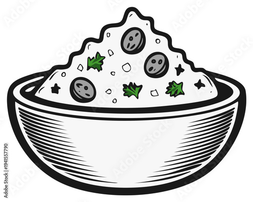 Whimsical bowl overflowing with fluffy white rice, dotted with sliced sausage and fresh herbs, cartoon style