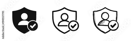 User security shield icon set. Verified account protection symbol. Privacy and safety vector illustration with solid, outline, and hand-drawn styles.