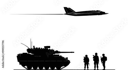 Military Power: Jet, Tank, and Soldiers Silhouette - Modern Warfare Concept