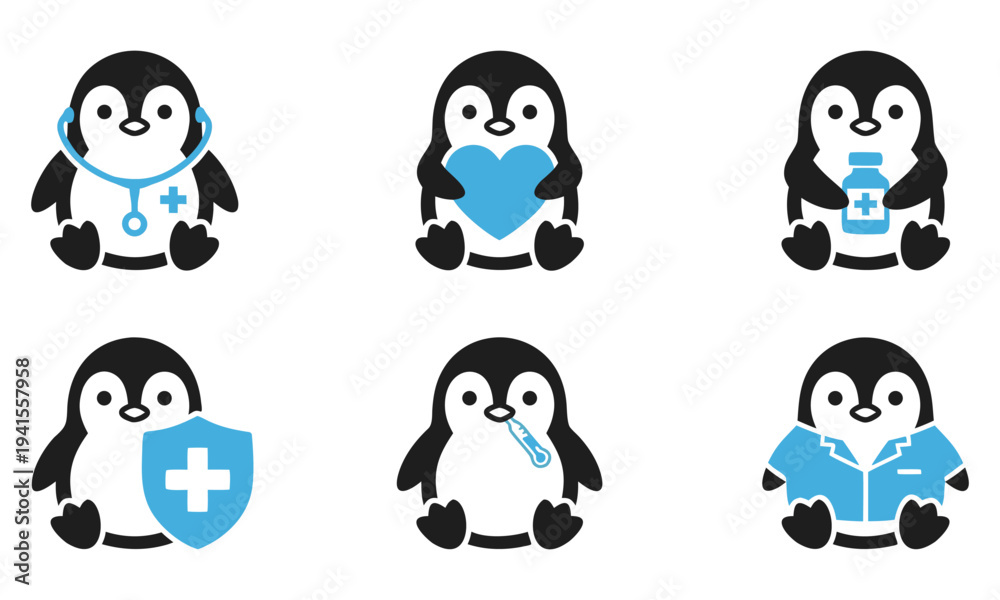 Fototapeta premium Penguins Engaging in Health-Related Activities Illustrated in a Simple, Iconic Style