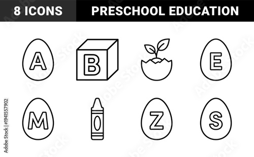 Early childhood education and alphabet learning elements in monolinear style. Playful preschool literacy symbols with letter eggs, blocks, and crayons.