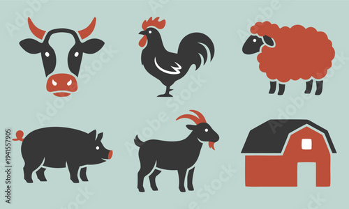Farm Animals and Livestock Icons in a Minimalist Illustration