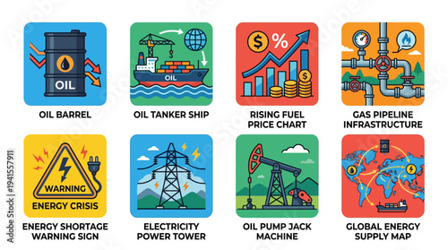 Energy Oil Industry Icons Vector Set – Barrel, Tanker Ship, Rising Fuel Prices, Gas Pipeline, Shortage Warning, Power Tower, Pump Jack, Global Supply Map Vector