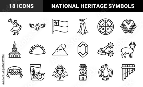 Chilean national heritage and cultural traditions depicted in monoline outline style. Authentic South American folklore symbols for educational and travel designs.