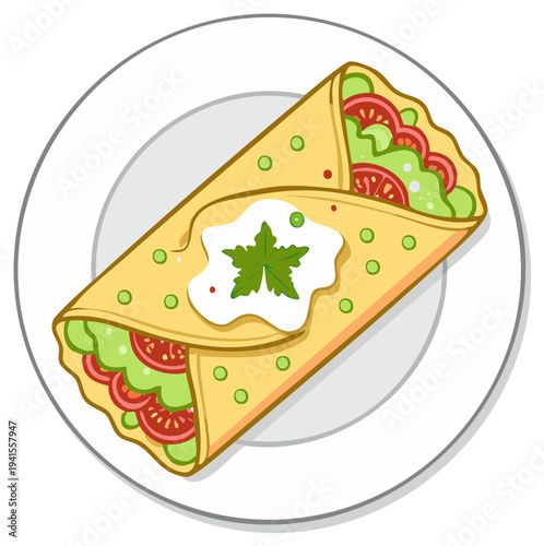 Delicious wrap sandwich with fresh vegetables and creamy sauce on a white plate