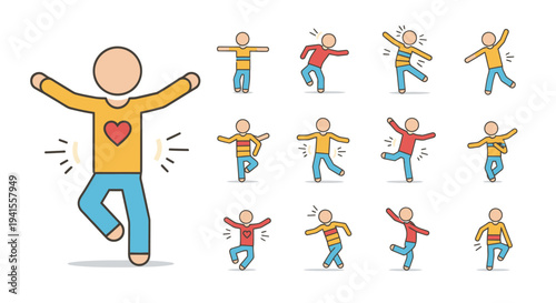 Energetic cartoon people characters dancing and moving line art style with heart.